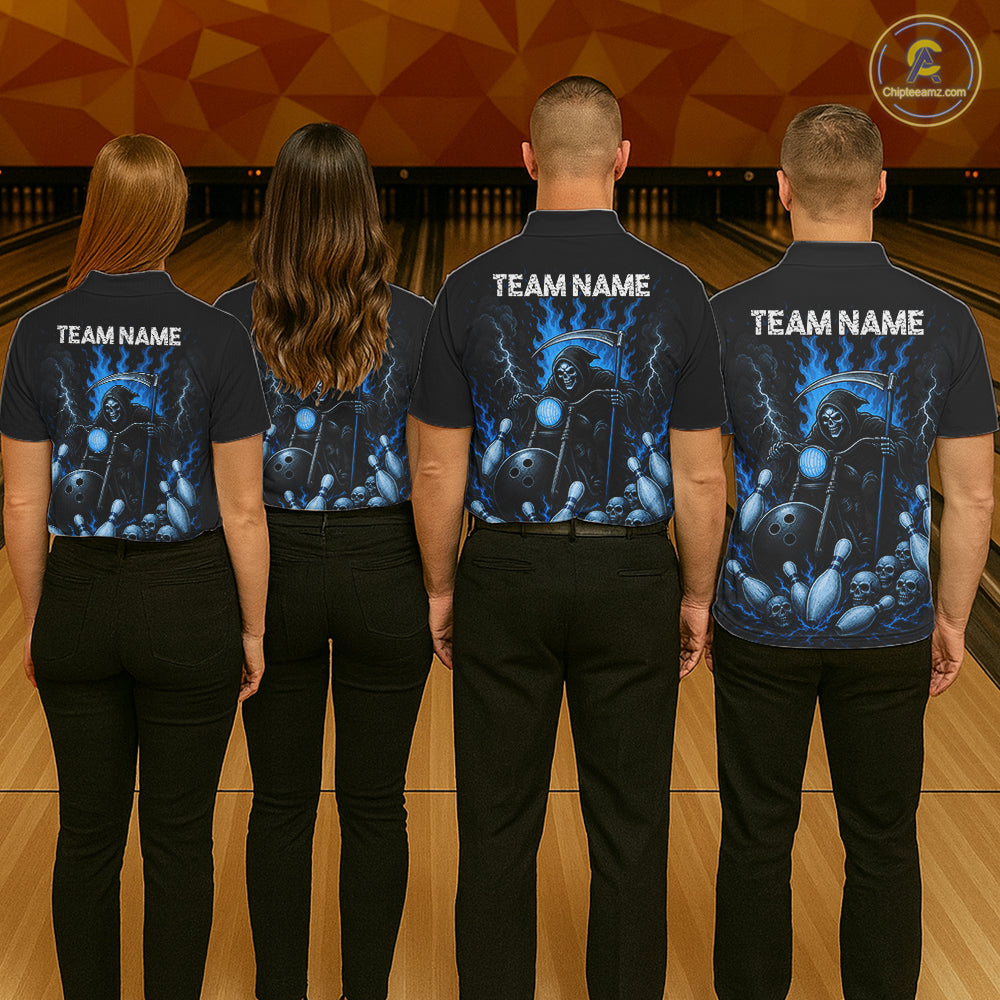 Funny Grim Reaper Motorcycle Bowling Shirts For Men Custom Blue Flaming Bowling Team Jersey TDM7215