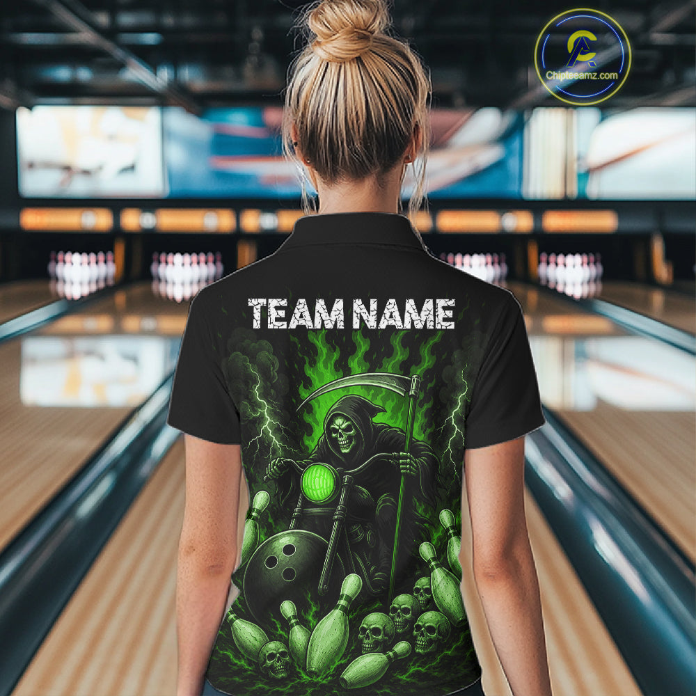 Funny Grim Reaper Motorcycle Bowling Shirts For Women Custom Green Flaming Bowling Team Jersey TDM7216