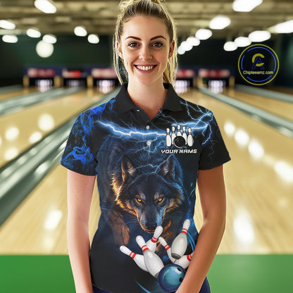 Personalized Blue Lightning Thunder Wolf Bowling Shirts For Women Custom Bowling League Team Jersey TDM7217