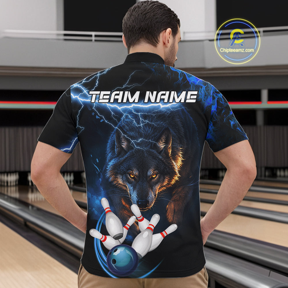 Personalized Blue Lightning Thunder Wolf Bowling Shirts For Men Custom Bowling League Team Jersey TDM7217