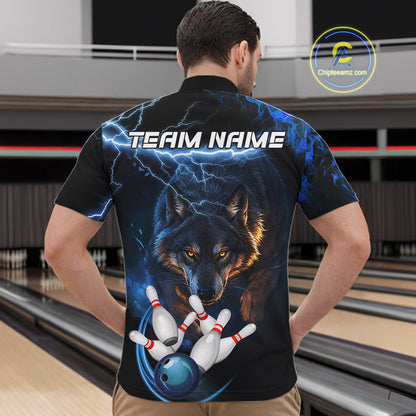 Personalized Blue Lightning Thunder Wolf Bowling Shirts For Men Custom Bowling League Team Jersey TDM7217