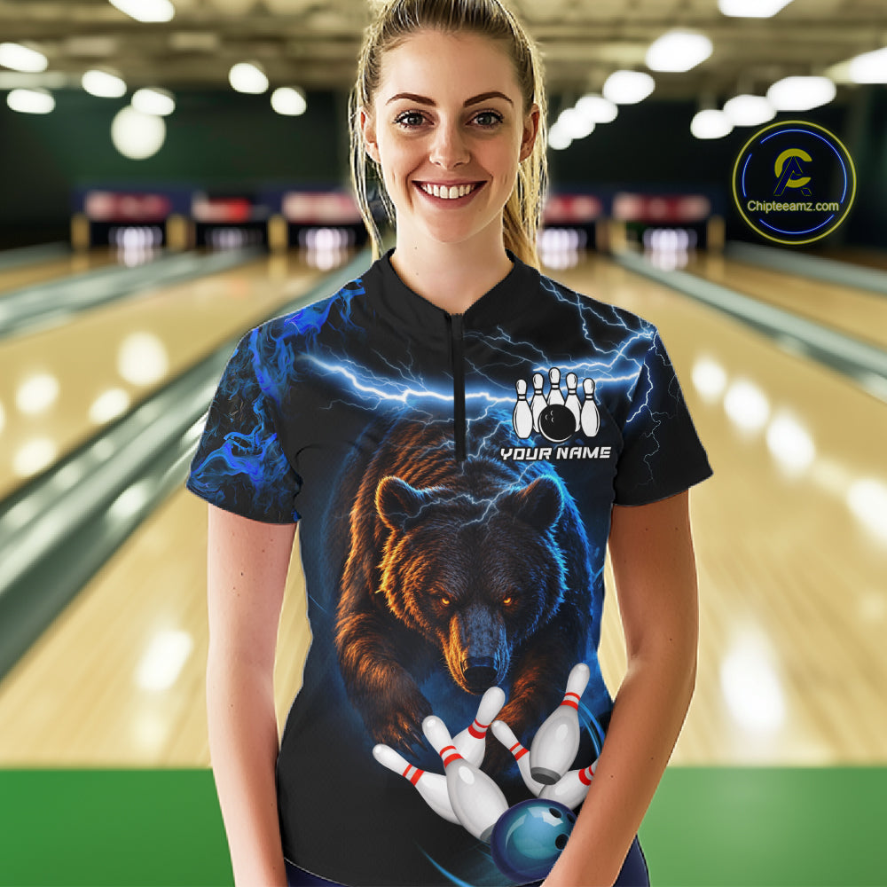 Personalized Blue Lightning Thunder Bear Bowling Shirts For Women Custom Bowling League Team Jersey TDM7218