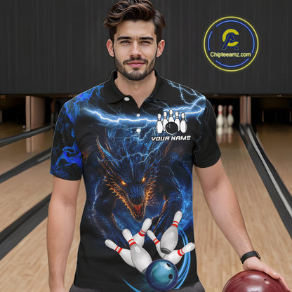 Personalized Blue Lightning Thunder Dragon Bowling Shirts For Men Custom Bowling League Team Jersey TDM7219