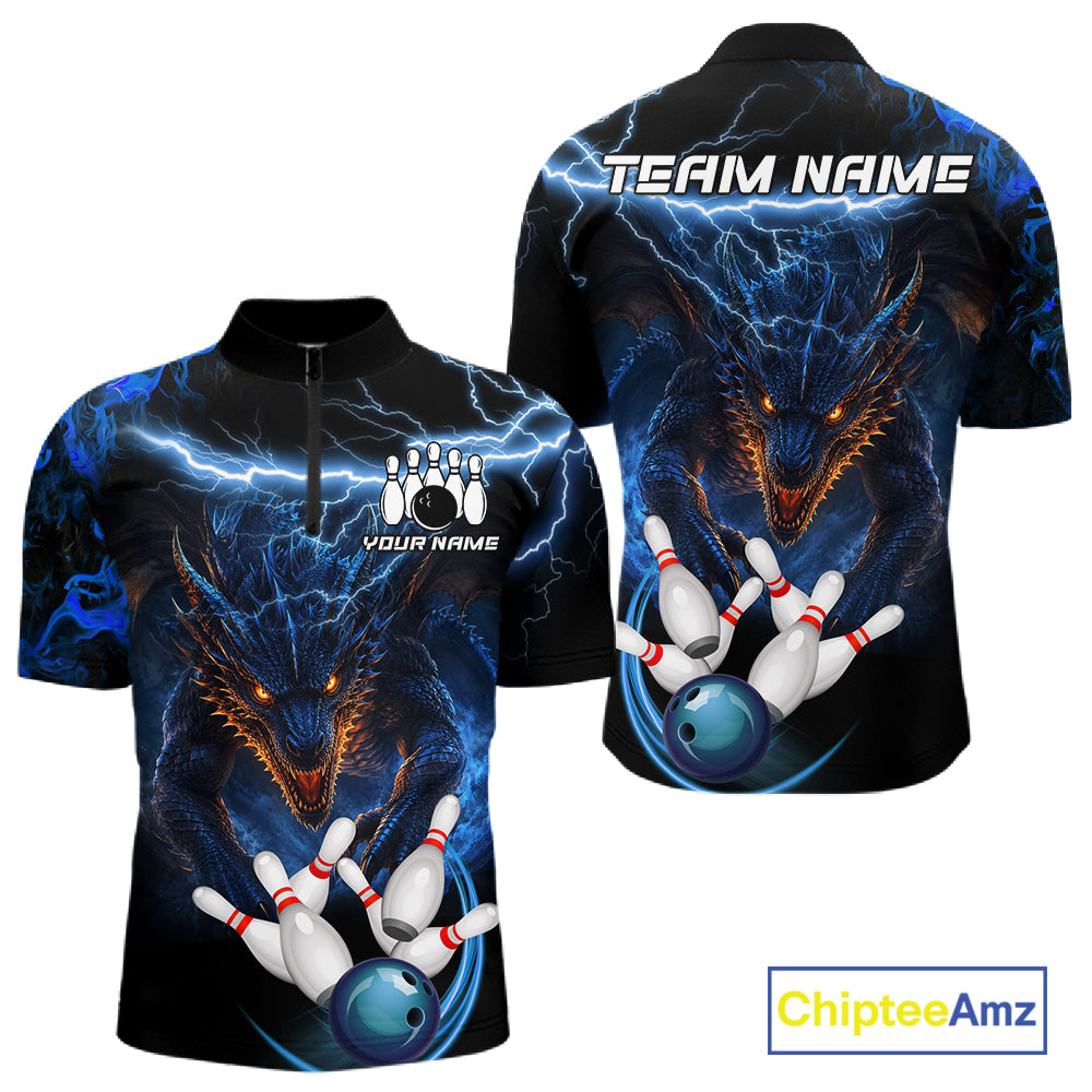 Personalized Blue Lightning Thunder Dragon Bowling Shirts For Men Custom Bowling League Team Jersey TDM7219