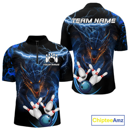 Personalized Blue Lightning Thunder Dragon Bowling Shirts For Men Custom Bowling League Team Jersey TDM7219