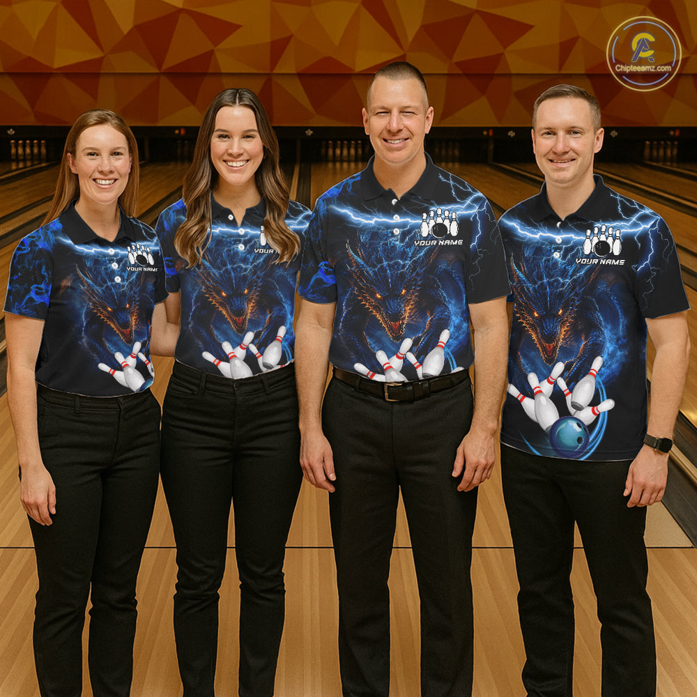 Personalized Blue Lightning Thunder Dragon Bowling Shirts For Men Custom Bowling League Team Jersey TDM7219