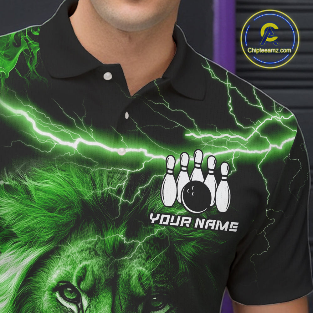 Personalized Green Lightning Thunder Lion Bowling Shirts For Men Custom Bowling Team Jerseys TDM7220