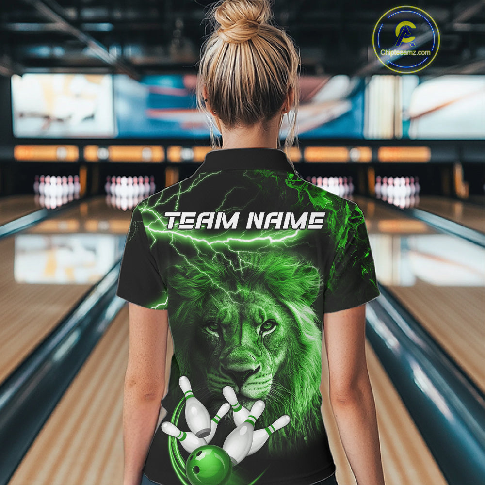 Personalized Green Lightning Thunder Lion Bowling Shirts For Women Custom Bowling Team Jerseys TDM7220