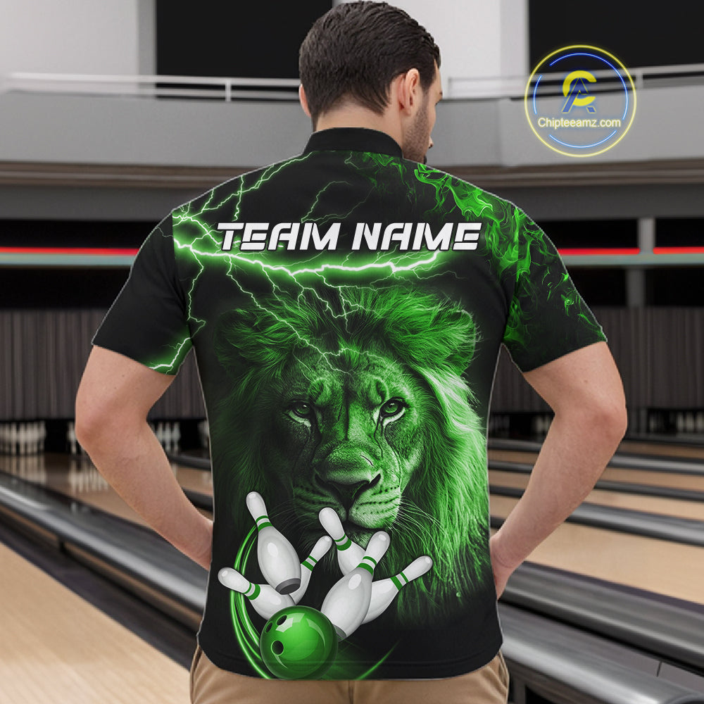 Personalized Green Lightning Thunder Lion Bowling Shirts For Men Custom Bowling Team Jerseys TDM7220