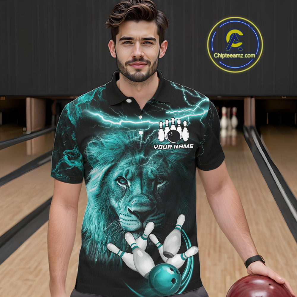 Personalized Turquoise Lightning Thunder Lion Bowling Shirts For Men Custom Bowling Team Jerseys TDM7221