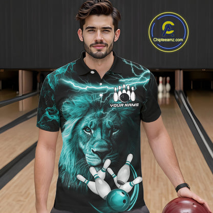 Personalized Turquoise Lightning Thunder Lion Bowling Shirts For Men Custom Bowling Team Jerseys TDM7221