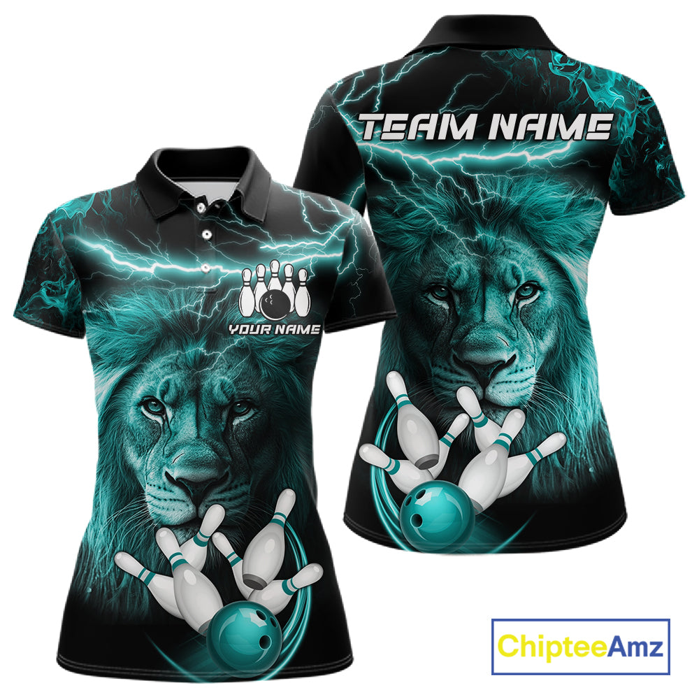 Personalized Turquoise Lightning Thunder Lion Bowling Shirts For Women Custom Bowling Team Jerseys TDM7221