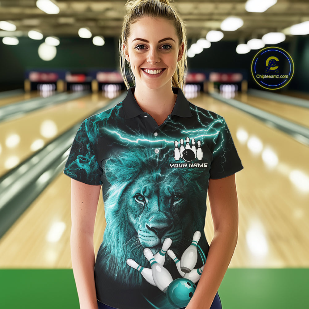 Personalized Turquoise Lightning Thunder Lion Bowling Shirts For Women Custom Bowling Team Jerseys TDM7221