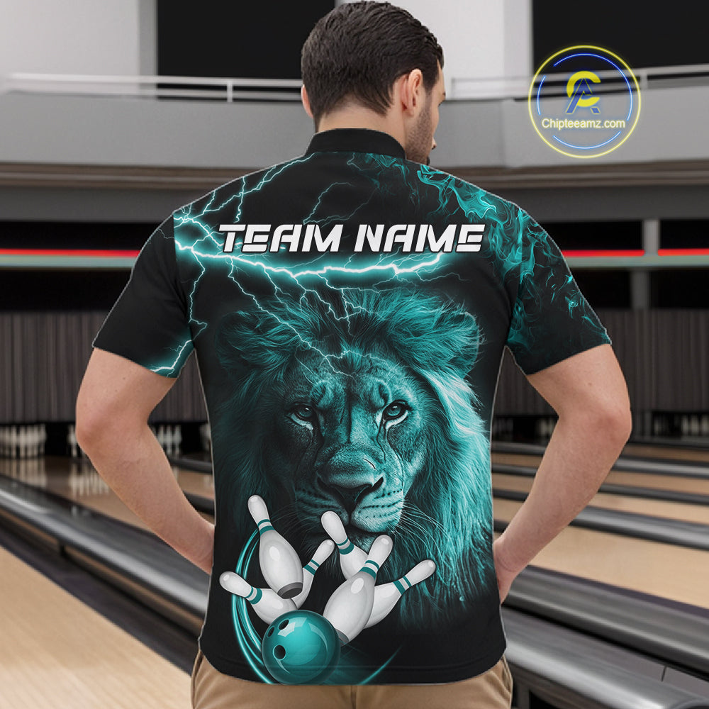 Personalized Turquoise Lightning Thunder Lion Bowling Shirts For Men Custom Bowling Team Jerseys TDM7221
