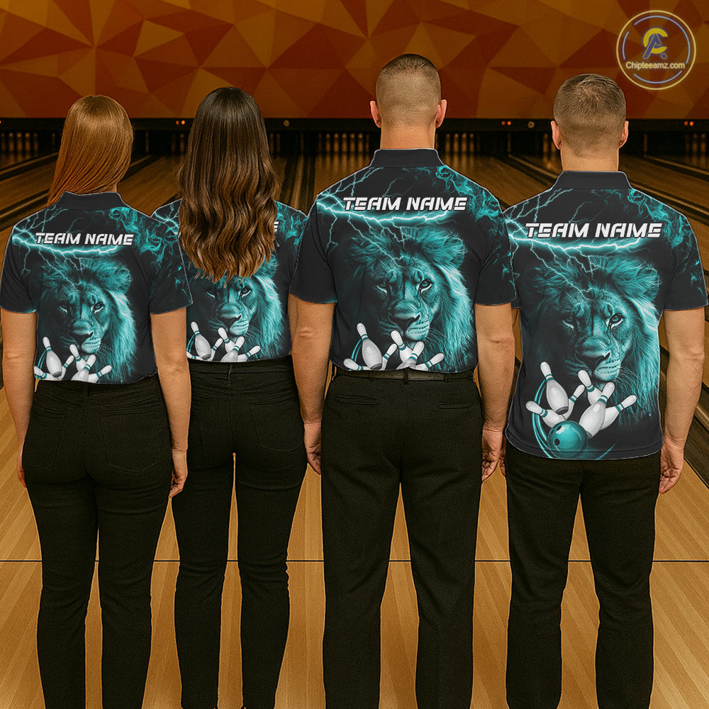 Personalized Turquoise Lightning Thunder Lion Bowling Shirts For Men Custom Bowling Team Jerseys TDM7221