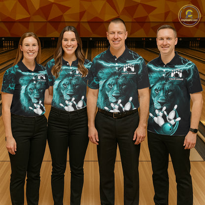 Personalized Turquoise Lightning Thunder Lion Bowling Shirts For Men Custom Bowling Team Jerseys TDM7221