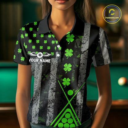 Green Grunge US Flag Luckiest Shamrock Billiard Shirt For Women Custom St Patrick Day Pool Jersey TDM5710