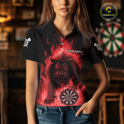 Red Flaming Lion Darts Shirts For Women Custom Fire Darts League Jersey Team Polo & 1/4 Zip TDM6065