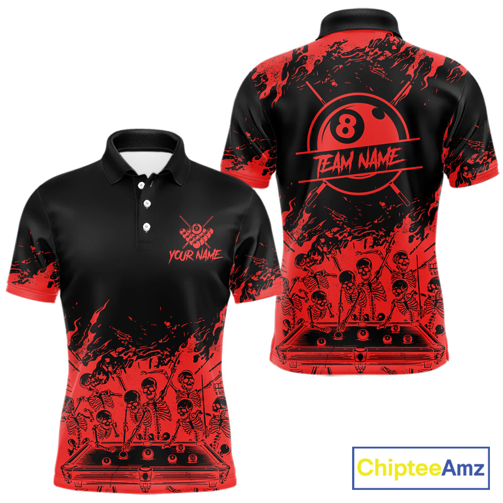 Black And Red Funny Skeleton Billiard Shirts For Men Custom 8 Ball Pool Billiard Team Jersey TDM7230