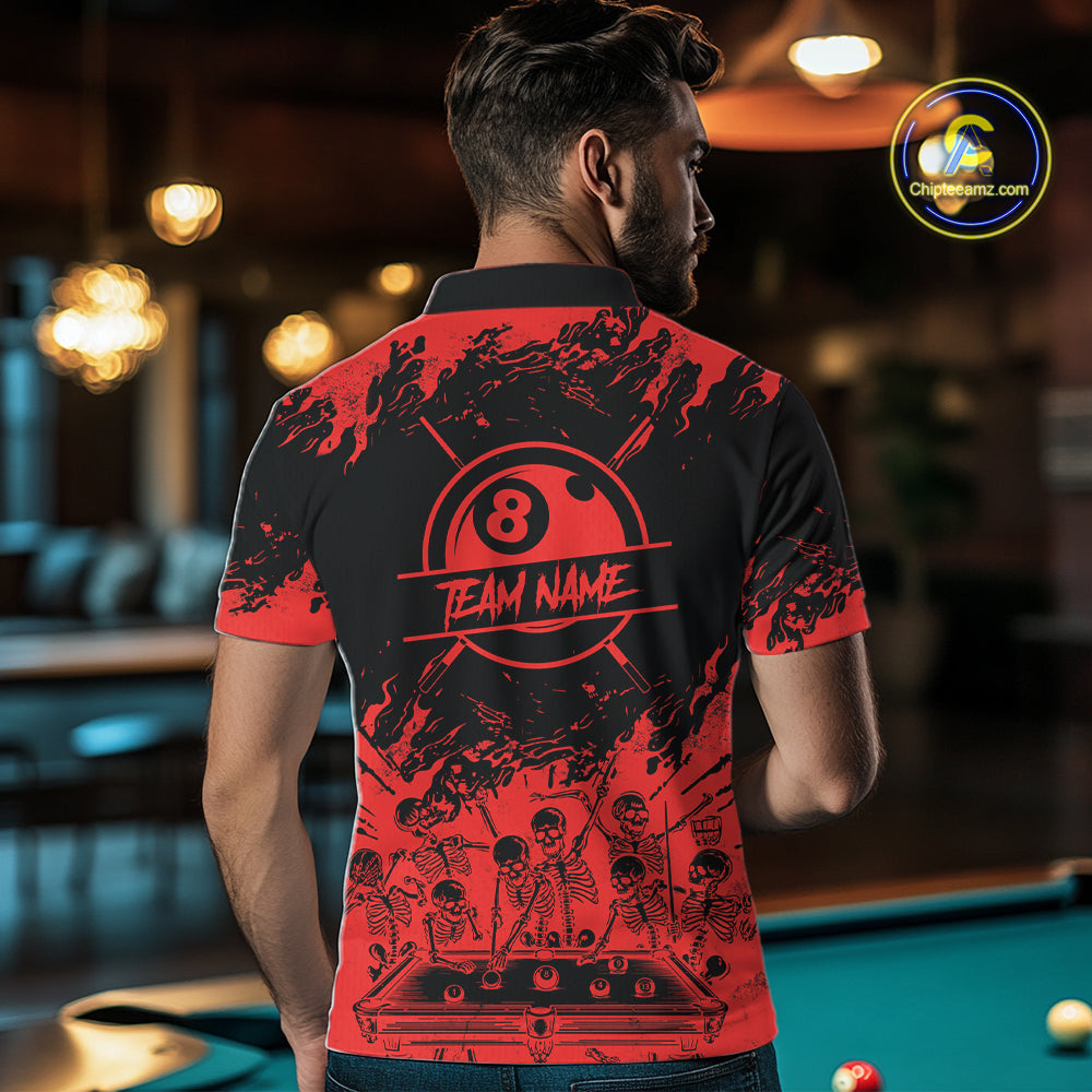 Black And Red Funny Skeleton Billiard Shirts For Men Custom 8 Ball Pool Billiard Team Jersey TDM7230
