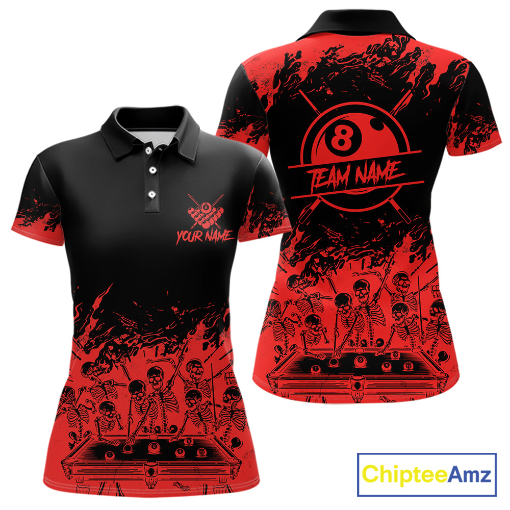 Black And Red Funny Skeleton Billiard Shirts For Women Custom 8 Ball Pool Billiard Team Jersey TDM7230