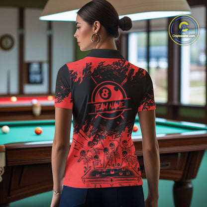 Black And Red Funny Skeleton Billiard Shirts For Women Custom 8 Ball Pool Billiard Team Jersey TDM7230