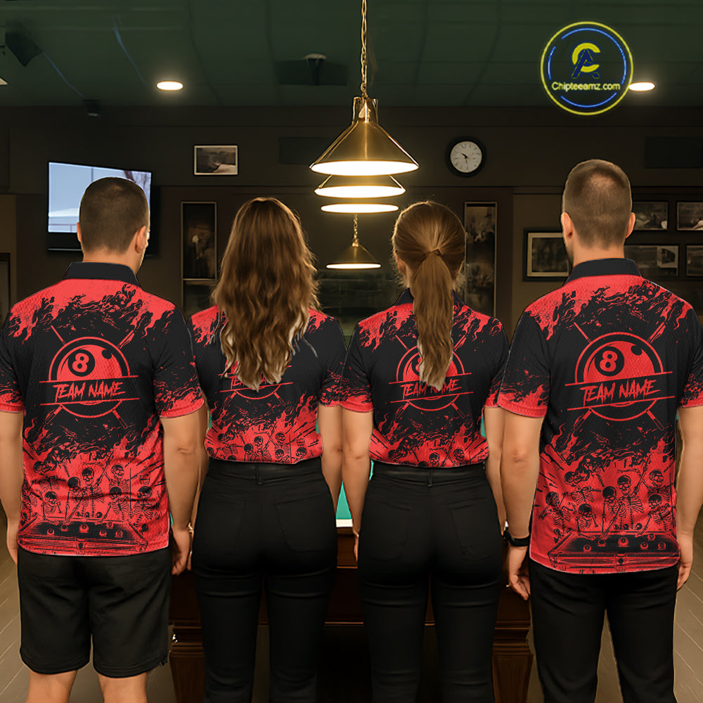 Black And Red Funny Skeleton Billiard Shirts For Women Custom 8 Ball Pool Billiard Team Jersey TDM7230