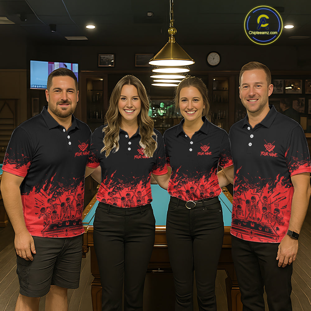 Black And Red Funny Skeleton Billiard Shirts For Women Custom 8 Ball Pool Billiard Team Jersey TDM7230