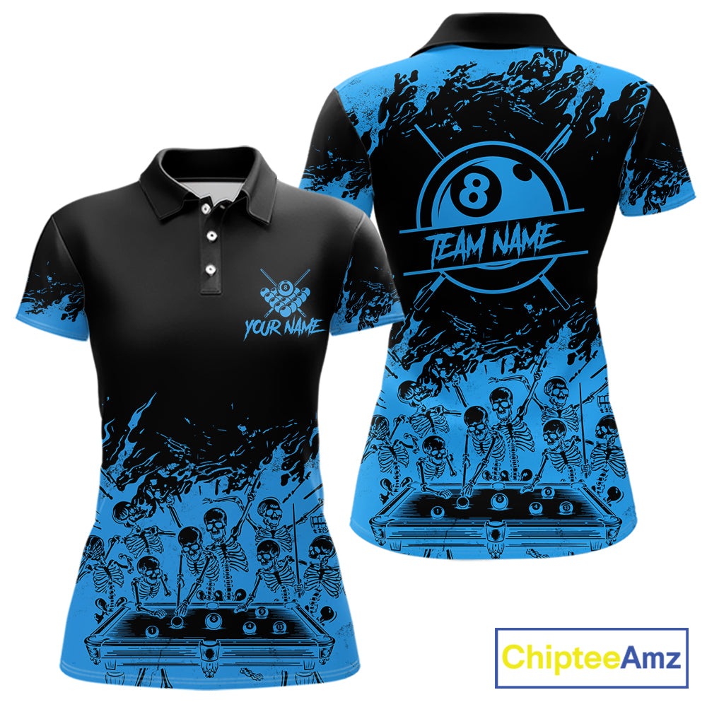 Black And Blue Funny Skeleton Billiard Shirts For Women Custom 8 Ball Pool Billiard Team Jersey TDM7231
