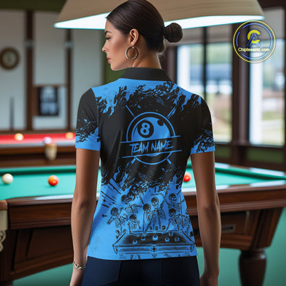 Black And Blue Funny Skeleton Billiard Shirts For Women Custom 8 Ball Pool Billiard Team Jersey TDM7231