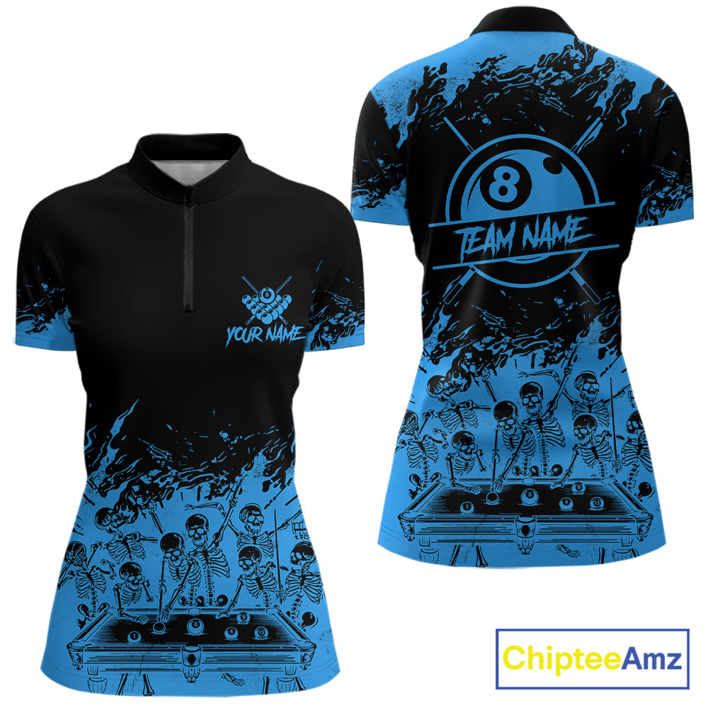 Black And Blue Funny Skeleton Billiard Shirts For Women Custom 8 Ball Pool Billiard Team Jersey TDM7231