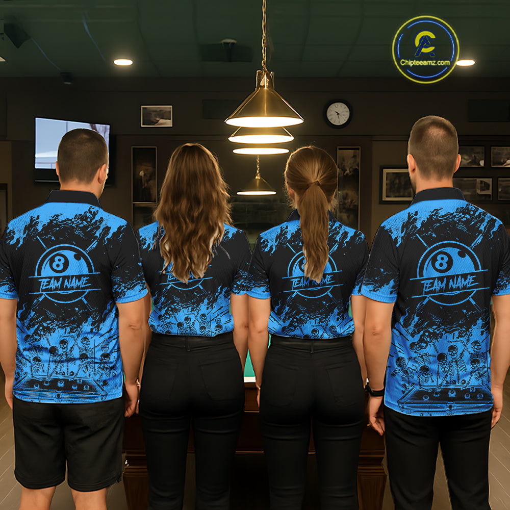Black And Blue Funny Skeleton Billiard Shirts For Women Custom 8 Ball Pool Billiard Team Jersey TDM7231