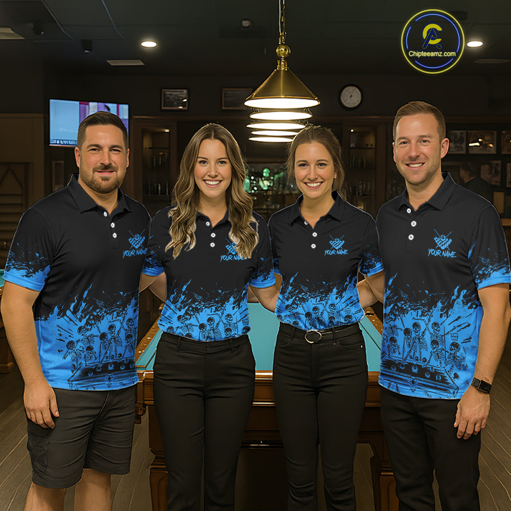 Black And Blue Funny Skeleton Billiard Shirts For Women Custom 8 Ball Pool Billiard Team Jersey TDM7231