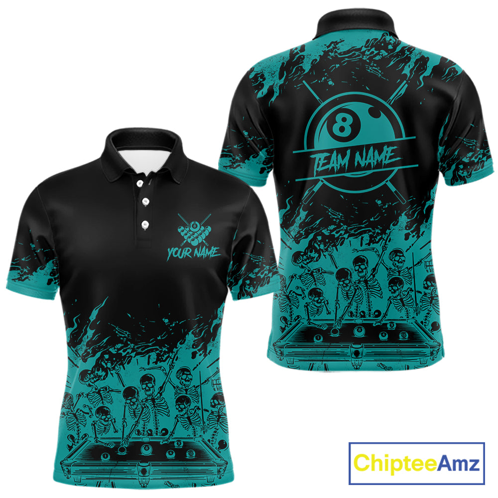 Black And Teal Funny Skeleton Billiard Shirts For Men Custom 8 Ball Pool Billiard Team Jersey TDM7232