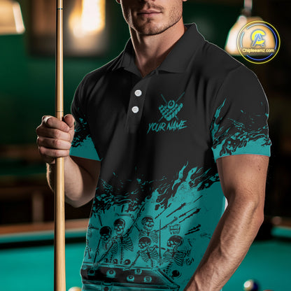 Black And Teal Funny Skeleton Billiard Shirts For Men Custom 8 Ball Pool Billiard Team Jersey TDM7232