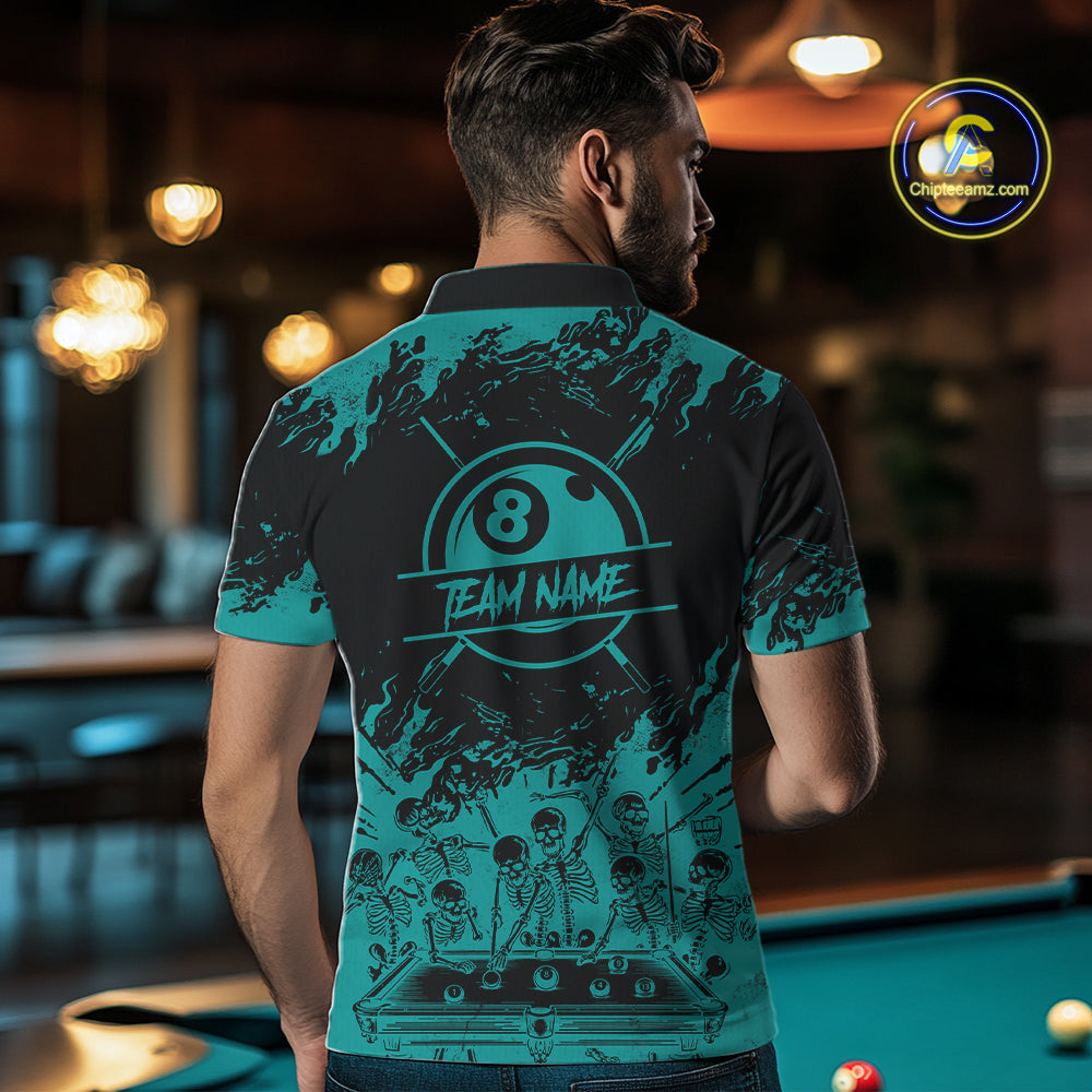 Black And Teal Funny Skeleton Billiard Shirts For Men Custom 8 Ball Pool Billiard Team Jersey TDM7232
