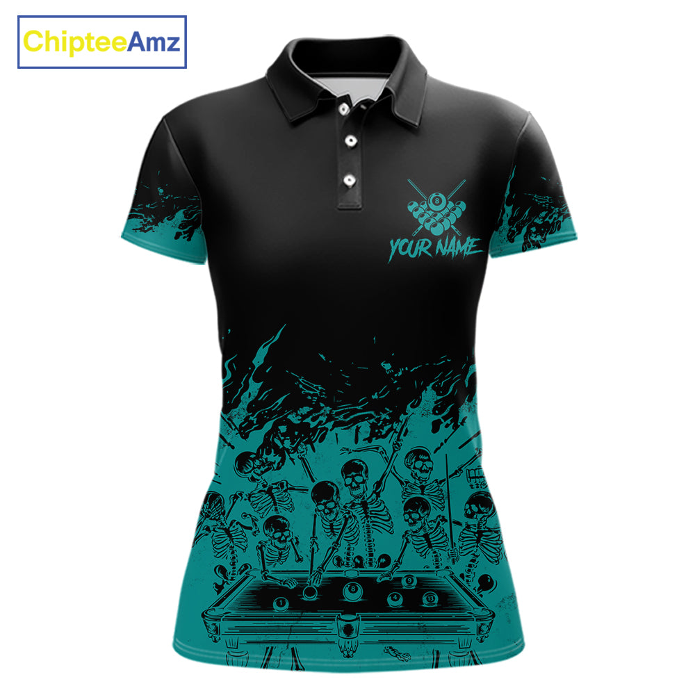 Black And Teal Funny Skeleton Billiard Shirts For Women Custom 8 Ball Pool Billiard Team Jersey TDM7232