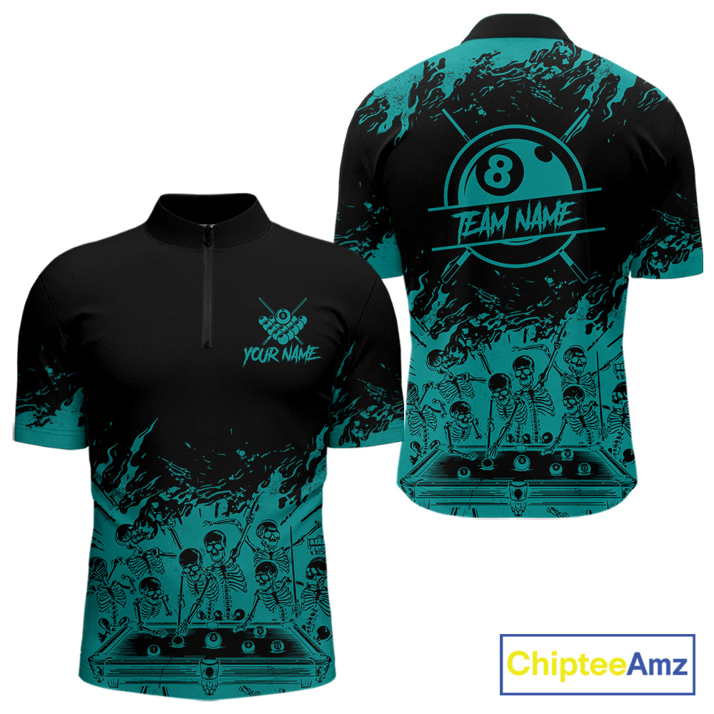 Black And Teal Funny Skeleton Billiard Shirts For Men Custom 8 Ball Pool Billiard Team Jersey TDM7232