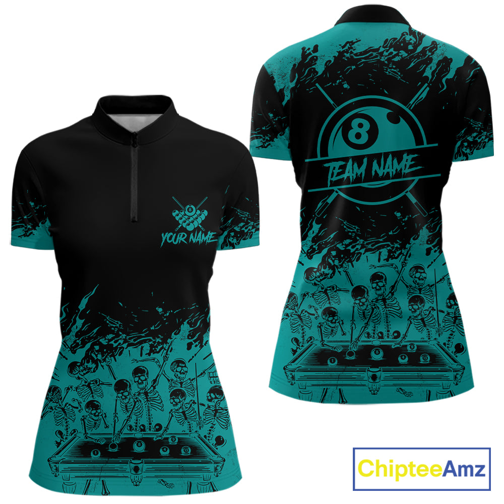 Black And Teal Funny Skeleton Billiard Shirts For Women Custom 8 Ball Pool Billiard Team Jersey TDM7232