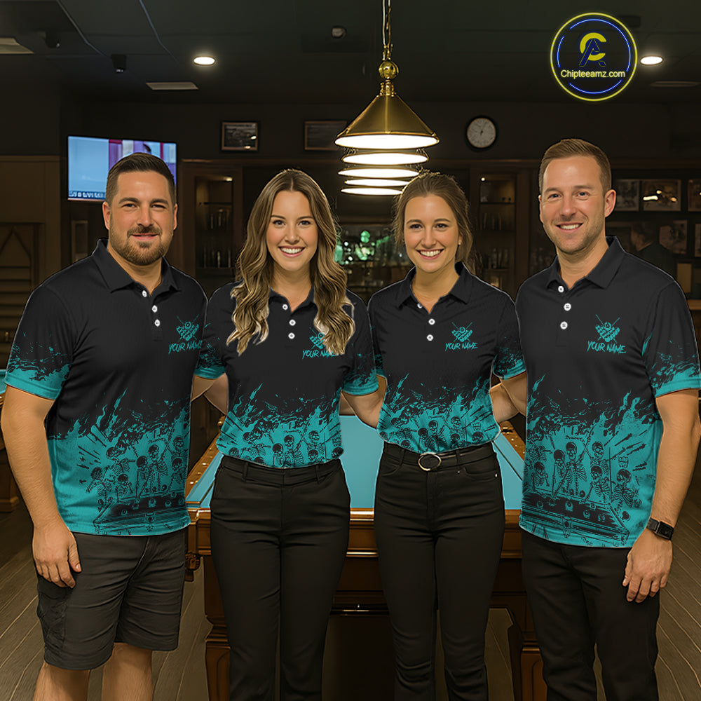 Black And Teal Funny Skeleton Billiard Shirts For Women Custom 8 Ball Pool Billiard Team Jersey TDM7232