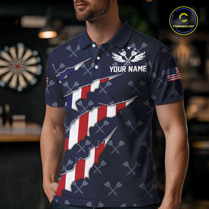 Personalized American Flag Navy Dart Pattern Polo & Quarter Zip For Men, Patriotic Darts Jersey TDM4996