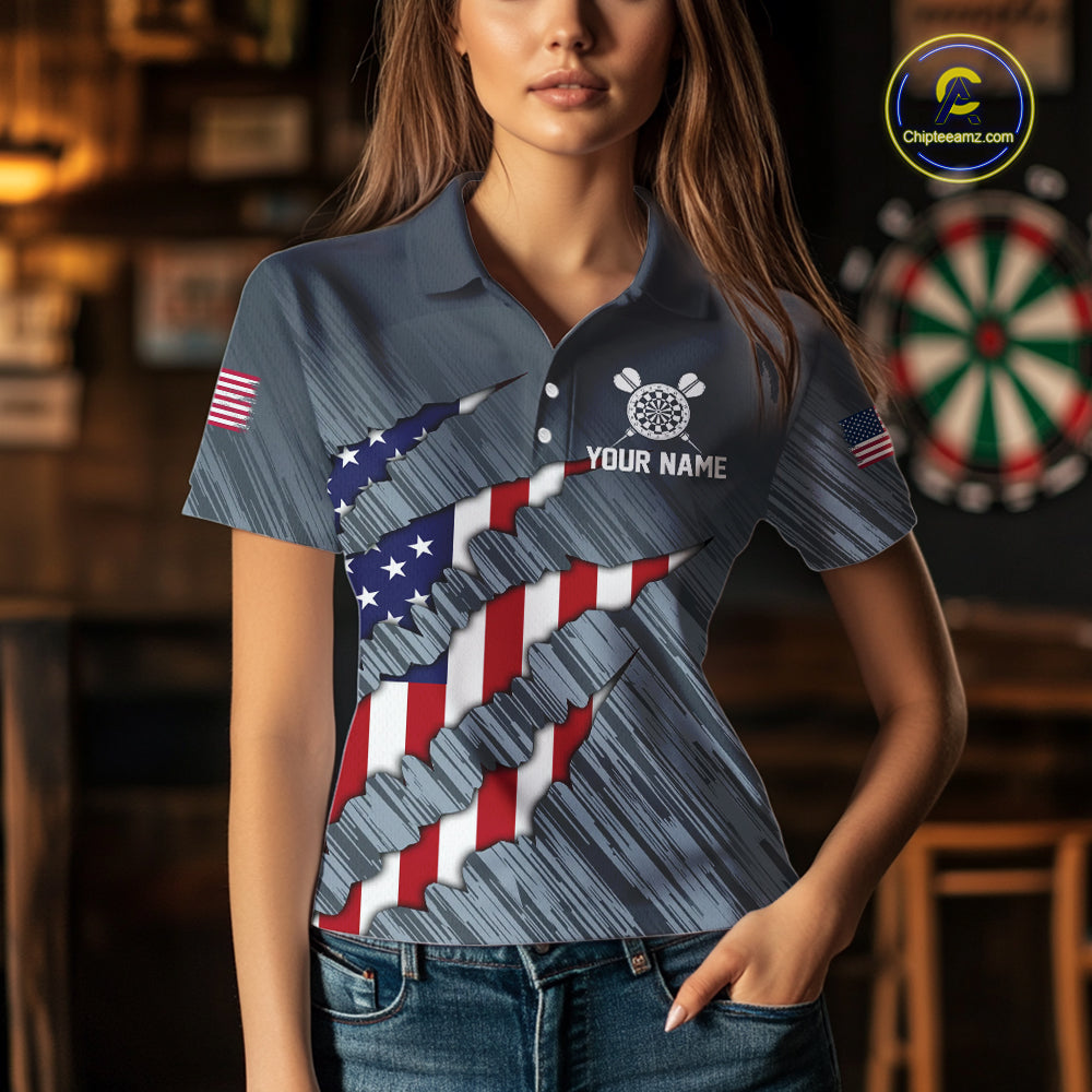 American Flag Grey Grunge Darts Polo & Quarter Zip Custom Dart Shirt For Women Patriotic Dart Jersey TDM4998