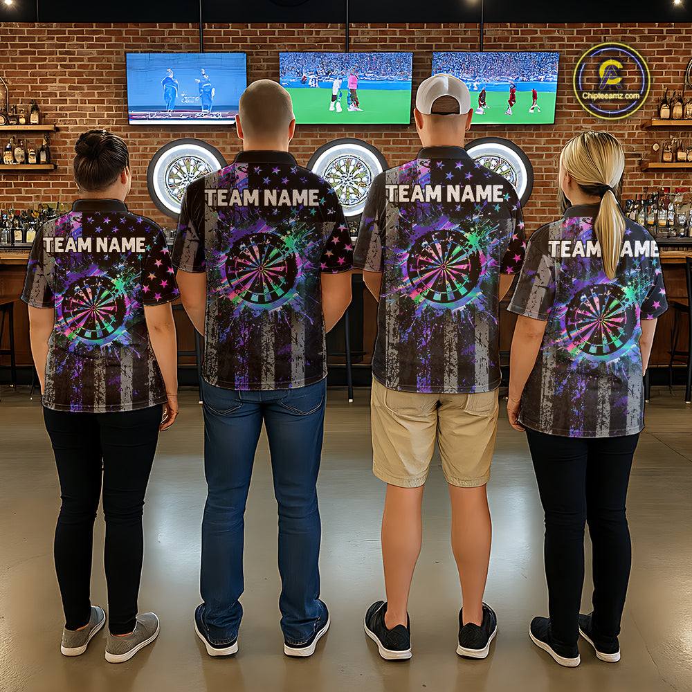 Custom Holographic Grunge US Flag Darts Shirt For Men, Patriotic Darts Team Jerseys Polo & 1/4 Zip TDM5455