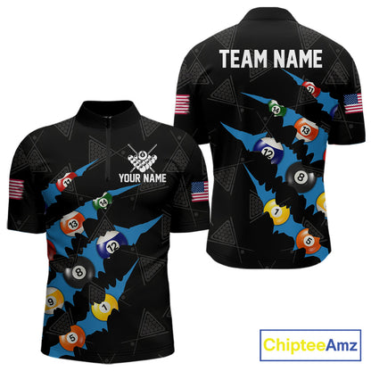 Personalized Scratch Black 8 Ball Billiard Shirt For Men, Pool Team Jersey Polo 1/4 Zip |Blue TDM6071