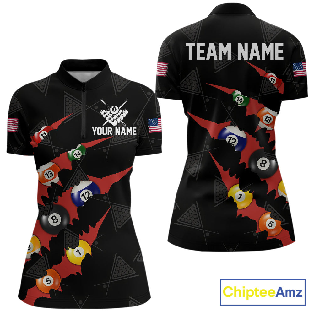 Personalized Scratch Black 8 Ball Billiard Shirt For Women, Pool Team Jersey Polo 1/4 Zip |Red TDM6072