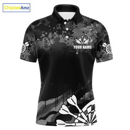 Black Grey Grunge Camo Darts Shirt For Men Custom Darts Jersey Team Polo & 1/4 Zip, Darts Uniform TDM6322