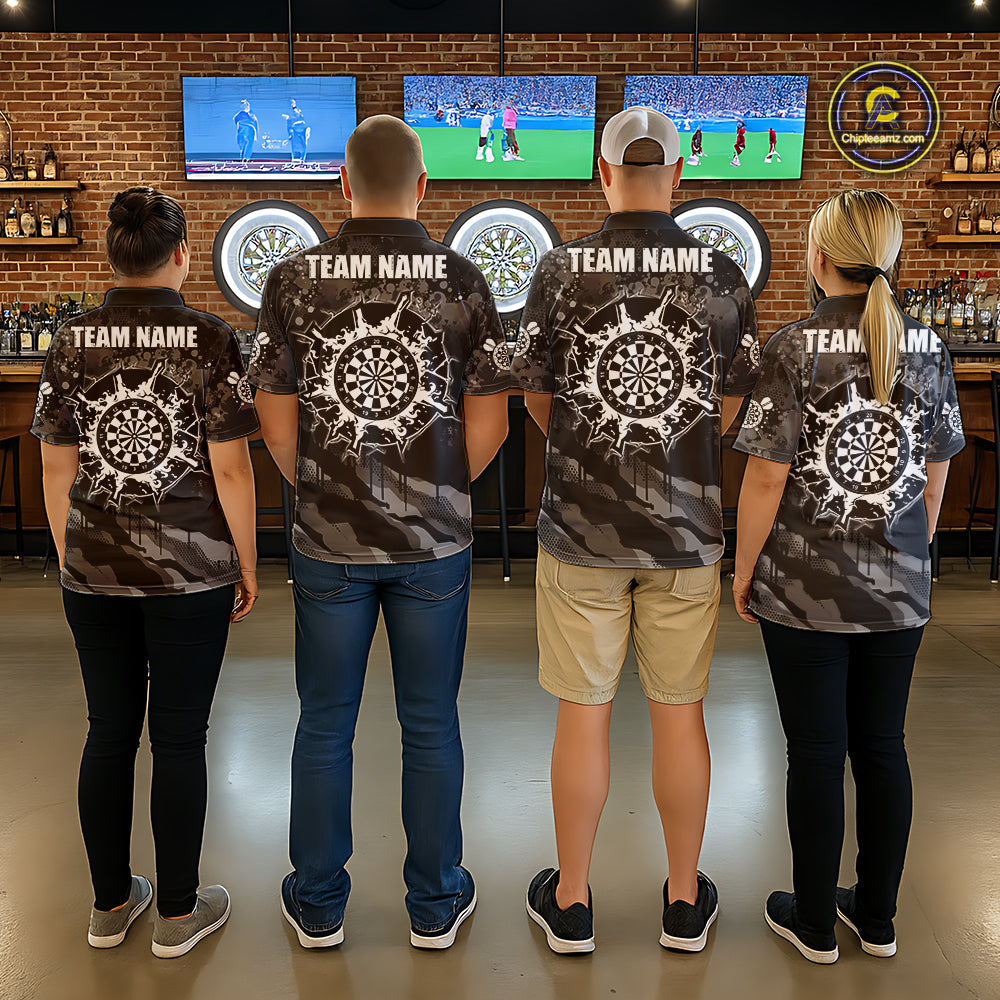 Black Grey Grunge Camo Darts Shirt For Women Custom Darts Jersey Team Polo & 1/4 Zip, Darts Uniform TDM6322