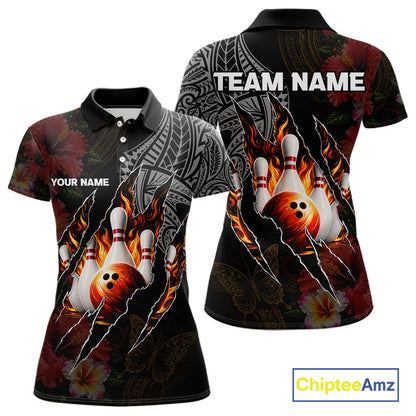 Personalized Hibiscus Flower Flame Bowling Shirt For Women, Tribal Bowling Team Jersey Polo, 1/4 Zip TDM6501