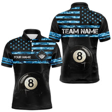 Load image into Gallery viewer, Customized Retro 8 Ball Pool Blue Camo US Flag Billiard Shirts For Men, Patriotic Billiard Jersey TDM3567