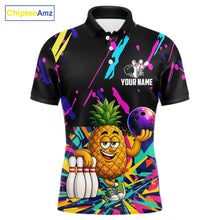 Load image into Gallery viewer, Colorful pineapple bowling polo shirt for men with tropical custom bowling team graphics.